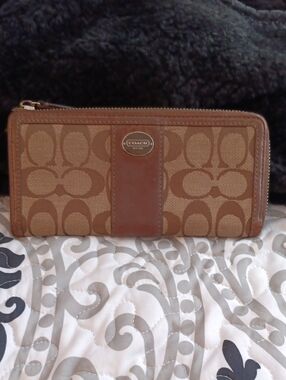 COACH Brown Signature Zip-Around Wallet
